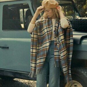 NWT Doen Ember Wrap in Saint Moritz Plaid Wool Cashmere Fringe Poncho S O/S